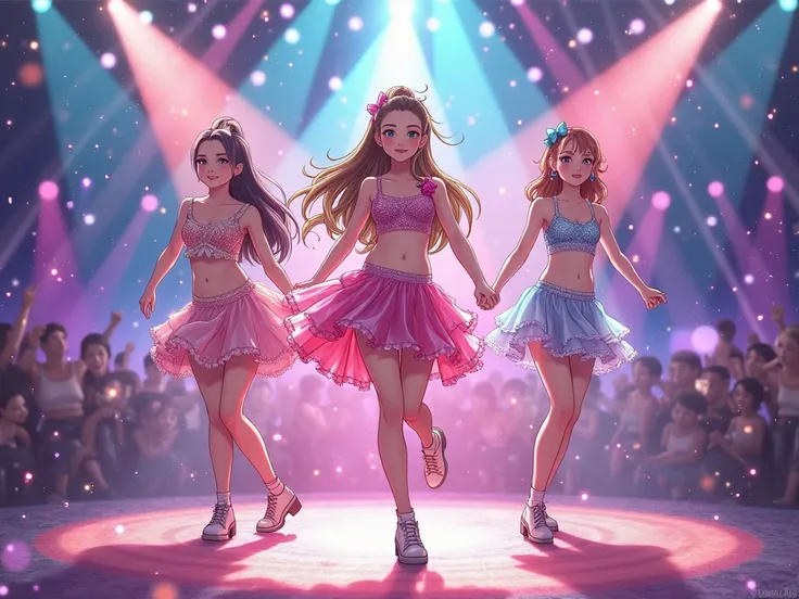 While the stage lights are sparkling、A few beautiful girls are dancing energetically。Colorful spotlights illuminate their smiles...