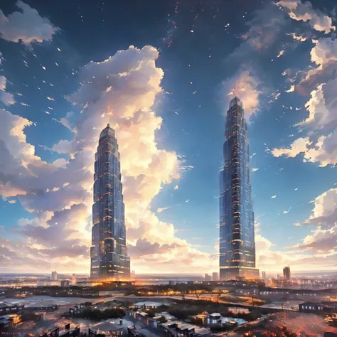 high res , 非常にhigh res ,  masterpiece ,  Cinematic、 Color Difference、 highlight 、The cityscape seen from a height、skyscraper、Sky...