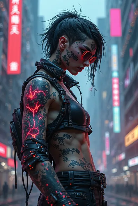 Cyberpunk hacker with glitchy tattoos, neon scars