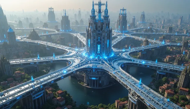 An engineering Marvel of futuristic alien metropolitan city replicating red ant colony: intricate bridge connecting 1000 domes a...