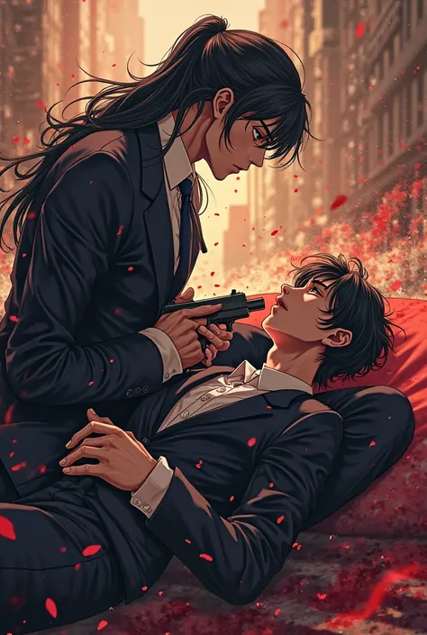 Generate Anime character of two handsome men, the Mafia boss lean down with a gun beside, long hair. while the other lying on hi...
