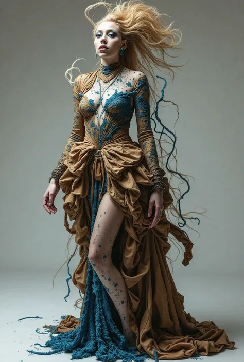 Create a drag Queen on top of a platform, wrapped in a grotesque haute couture costume. The look is dominated by earthy shades o...