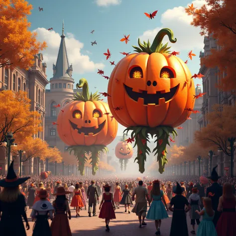 Halloween parade with giant pumpkin floats