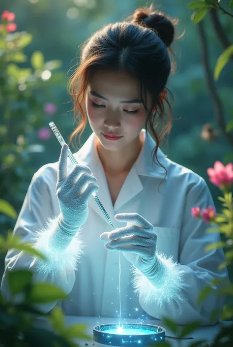 I need a few more from a chemical analyst with heavenly gloves who is with the pipette and nature in the background 