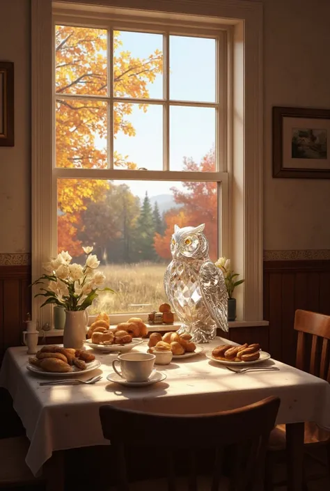In the kitchen in the morning there is a table with breakfast, at the table the Crystal Owl looks out the window, outside the wi...