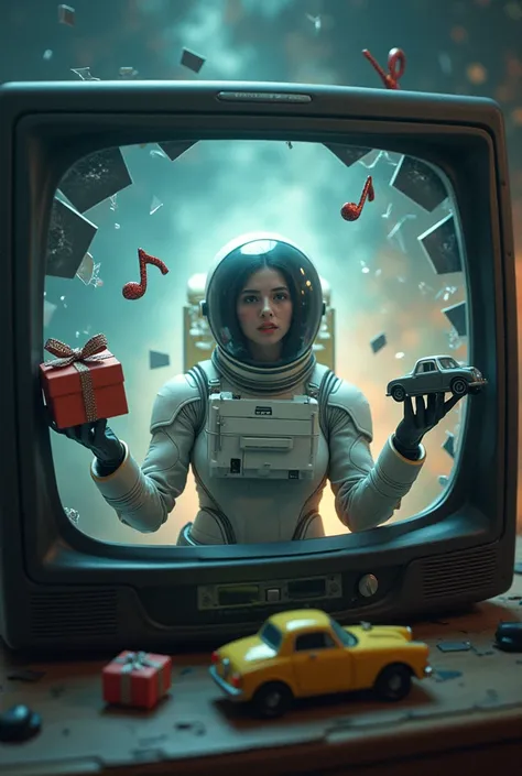 protrudes a person from a broken TV screen,Wearing a space suit,with both hands and a gift box in the left hand,The right hand h...