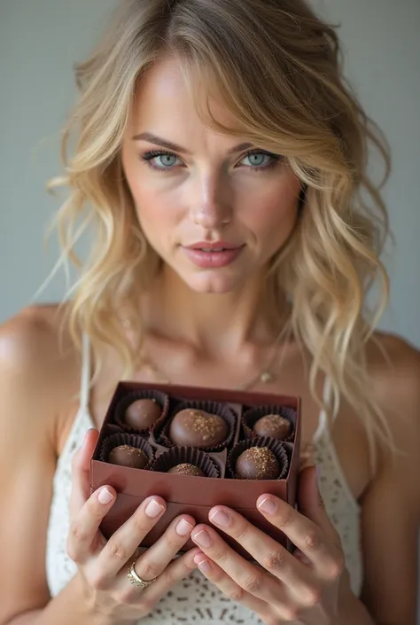 I want a picture of Taylor Swift holding a box of chocolate, Don't change her face or anything