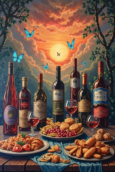 You're a graphic designer. You're creating a mural for a kitchen featuring wine and abundant food, at sunset with blue butterfli...