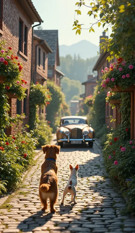 A quiet cobblestone village street lined with charming old brick houses and blooming flower boxes. Two dogs, a golden retriever ...