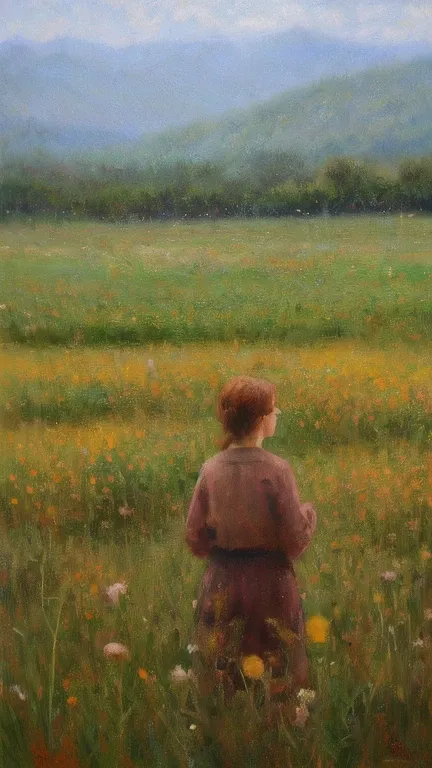 An oil painting of a joyful soul radiating colorful light in a glowing natural field, with symbolic representations of kindness ...