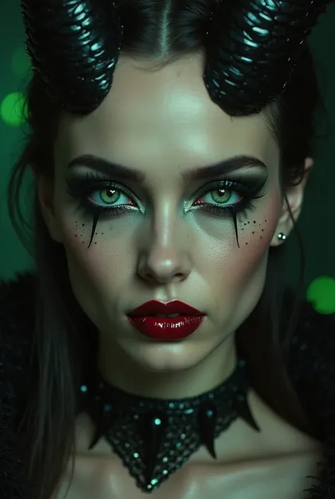 close up sensual of beautiful villain's face, shiny black horns, dramatic makeup with smoky shadows, full blood-colored lips, pe...