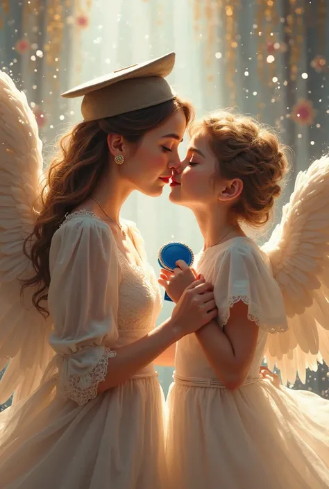 Create a realistic 2D photo where the girl is wearing a gown, a cap, a title and a blue medal and the boy is an angel and is giv...