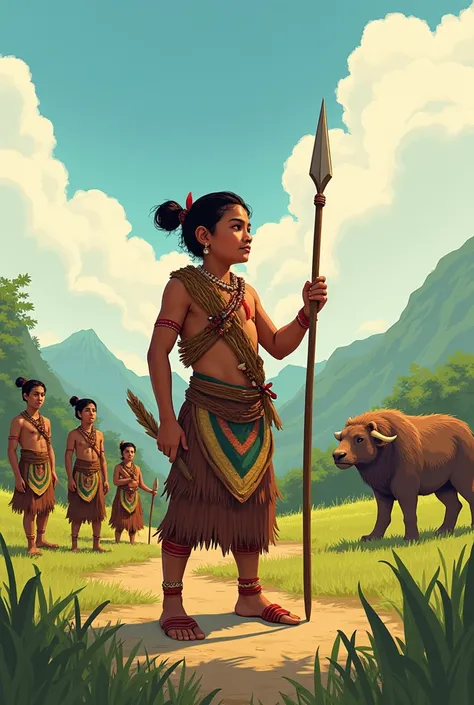 Page 2: A Brave Young Hunter
Illustration: Fonad standing proudly with a spear in hand, animals in the background, villagers wat...