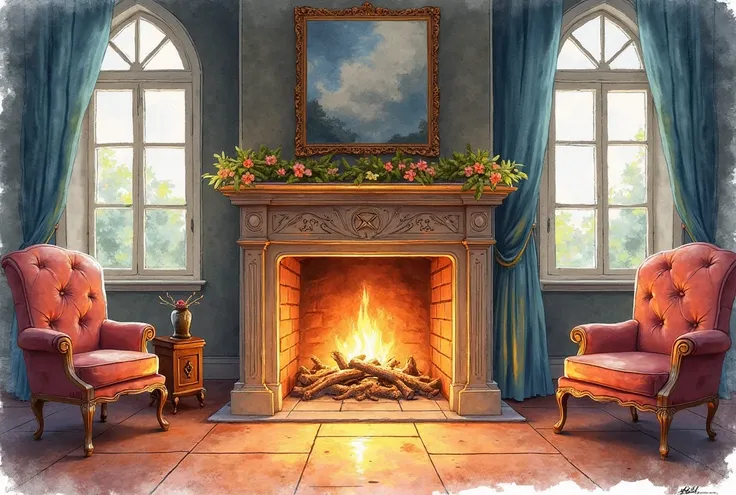 Colored illustration (NO photo NO Real image), a fireplace, with a mantle, a looking glass on the mantle, water color painting, ...