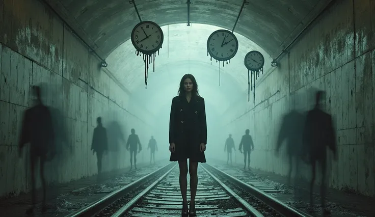“Woman standing alone in a subway tunnel as time appears frozen, clocks melting and commuters turned to silhouettes”