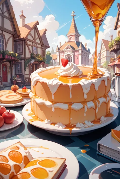 Put whipped cream, honey, and fruit on a homework-like book like a pancake tower