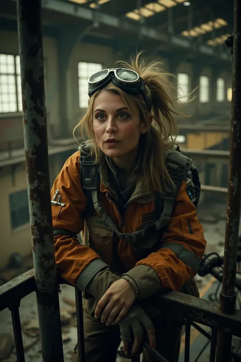 atmospheric shot of a curious young woman, technical wear outfit, safety goggles pushed into messy ponytail, leaning thoughtfull...