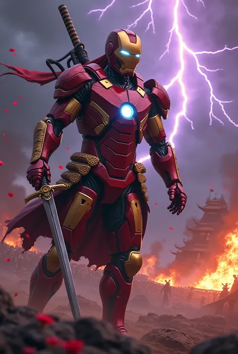 AAA video game-style art, Iron Man style plates in hybrid red and gold samurai armor, biomechanical design with superimposed Yor...
