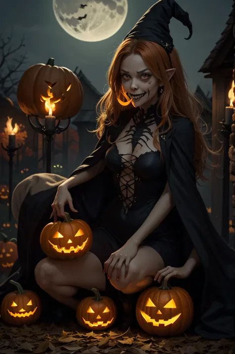 Halloween ghouls and goblins dance a merry dance to appease the Pumpkin Queen (evil, jack-o-lantern head, flame from eyes and mo...