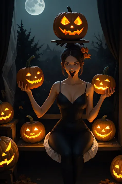 Halloween ghouls and goblins dance a merry dance to appease the Pumpkin Queen (evil, jack-o-lantern head, flame from eyes and mo...