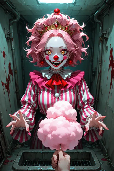Female Pennywise the clown wearing pink clown costume sharp teeth holding Cotton candy in one hand and a severed hand in other h...