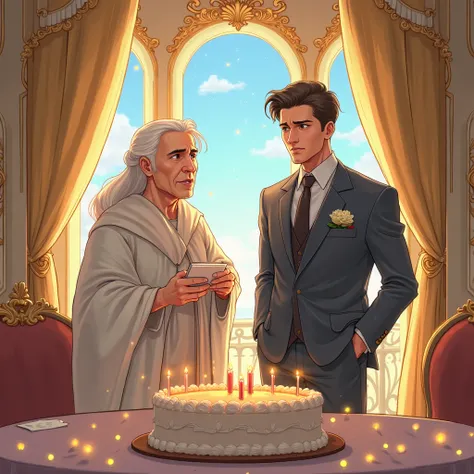 Prompt:
Anime-style two-panel illustration in full HD, with a luxurious golden indoor background. Natural lighting and human ski...