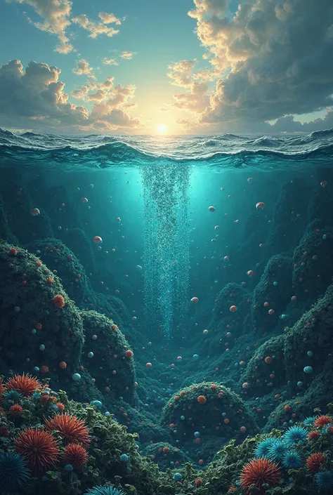 “Microscopic cyanobacteria in ancient ocean producing oxygen, bubbles rising to surface, transforming sky from dark to blue, sym...