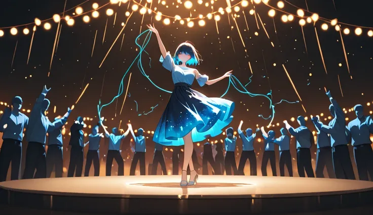 anime-style night beer festival with dancing people, electric guitarist, glowing string lights, festive atmosphere, vivid colors...