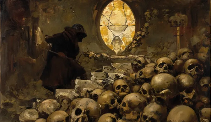 34.
A Baroque-style oil painting on canvas of a robed pilgrim climbing a staircase made of crumbling skulls. At the top, a stain...