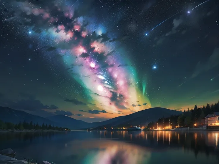 Milky Way、Night view、lake