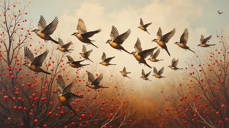 A retro oil painting. A flock of sparrows suddenly takes flight from a bush full of red berries, flapping their wings towards th...