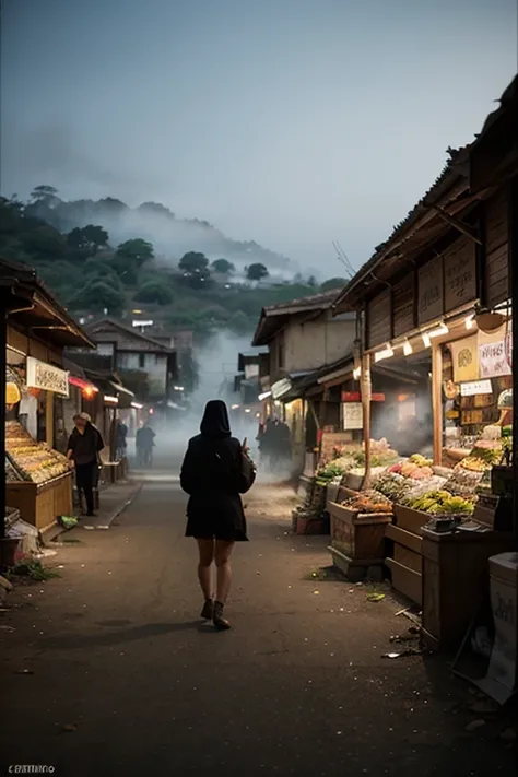 Create a manga comic with the following plot: (Scene 1: Anjir Serapat Village Market - Fajar)

Panel 1.1

Visual: wide panel. Th...
