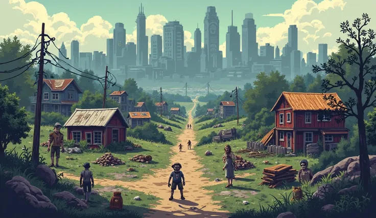 pixel art . apocalypse. zombies . city. farm. generation with in the style of the game project zomboid