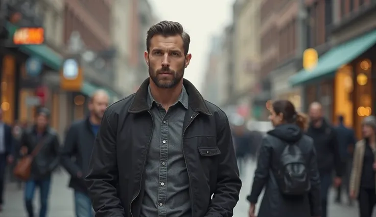 (Stoic and magnetic man):
A man of calm and manly appearance walking around the city, with an expression of confidence without...