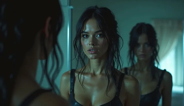 Frame from a sci-fi movie in the style of “Alien” (Alien). Home The heroine is a sexy woman with a supermodel figure, large-brea...