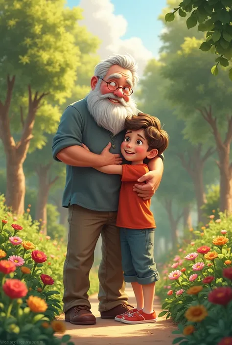 Father and son standing in a garden, the son showing the father the garden the father has his arm around the son shoulder