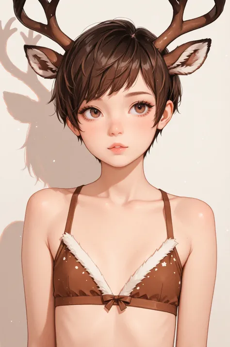 1 girl, brunette, deer girl, deer antlers, brunette hair, humanoid, beautiful, pixie cut, brown eyes, small nose, cute, small ch...
