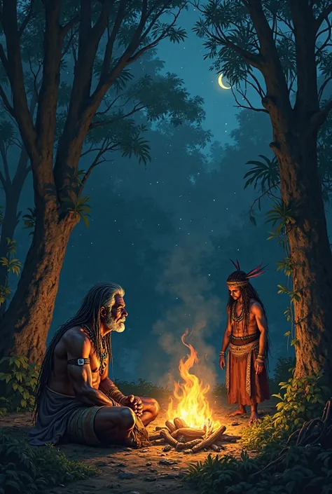 visual sketches, in horizontal form of a shaman sitting in the woods at night behind a campfire where he is seeing something wea...