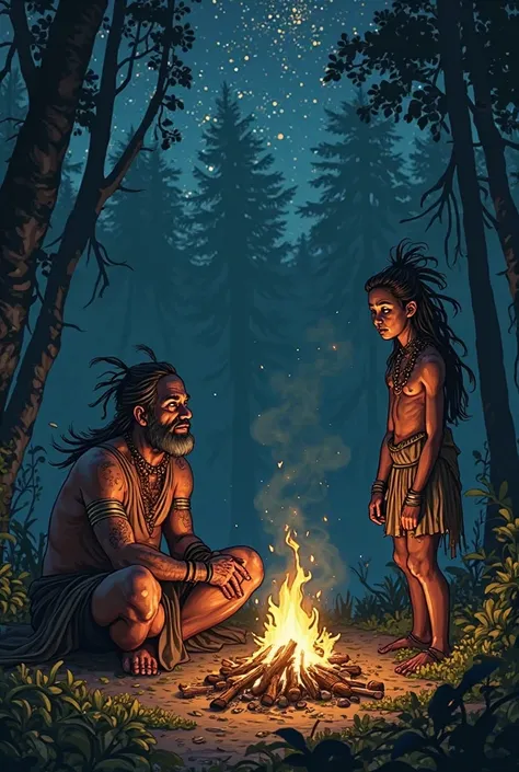 visual sketches, in horizontal form of a shaman sitting in the woods at night behind a campfire where he is seeing something wea...
