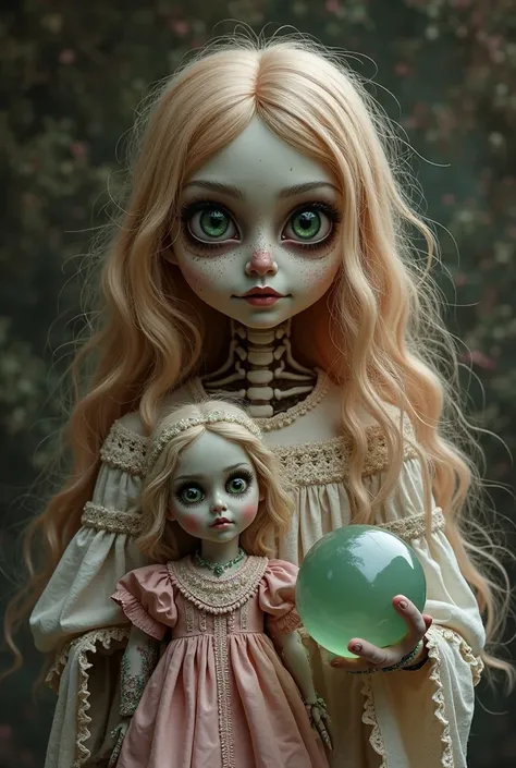 Generates an image of the Santa Muerte girl version with half her skeletal face and half skin, with blonde hair , long and wavy...