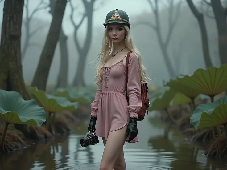 Ultra-detailed, photorealistic cinematic scene — A slim, blonde ethereal, elegant young woman with large, widely spaced almond-s...