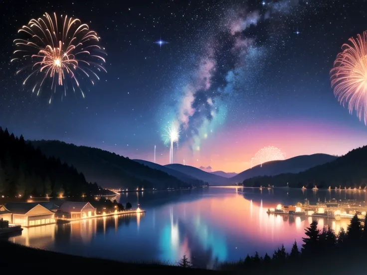 moon、 Fireworks、lake、Galaxy night sky、fantastic