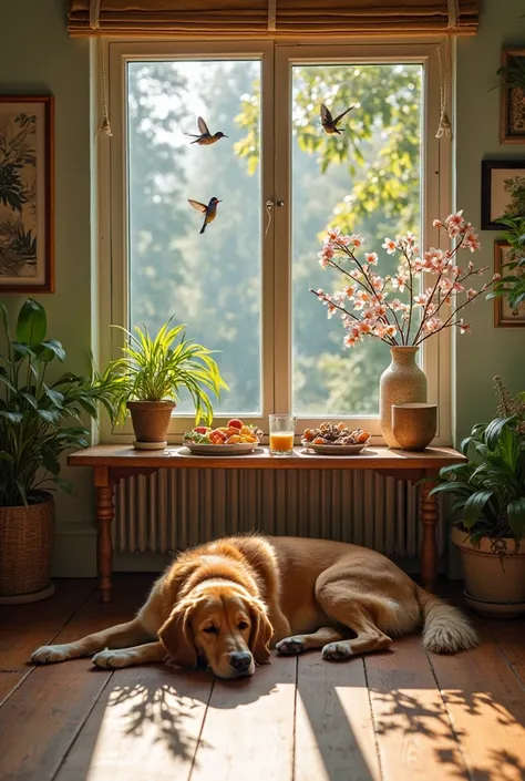 cozy bedroom interior with bright walls, large floor-to-ceiling window framing stunning natural landscape, hummingbirds and thru...