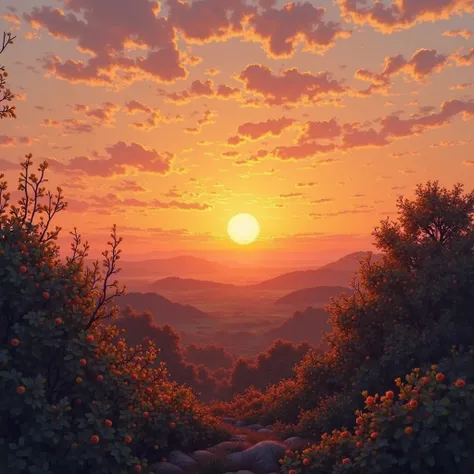A landscape with a picturesque sunset: the sun is low on the horizon, the sky is colored in warm shades of orange and pink, and ...