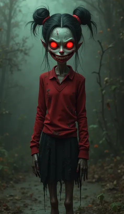 Olive Oyl (Horror Version):
Tall thin figure standing on two legs, same black hair in bun, red sweater and black skirt torn and ...