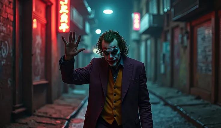 Joker in a dark alley, lit by only a flickering neon sign — mysterious, haunting presence.

