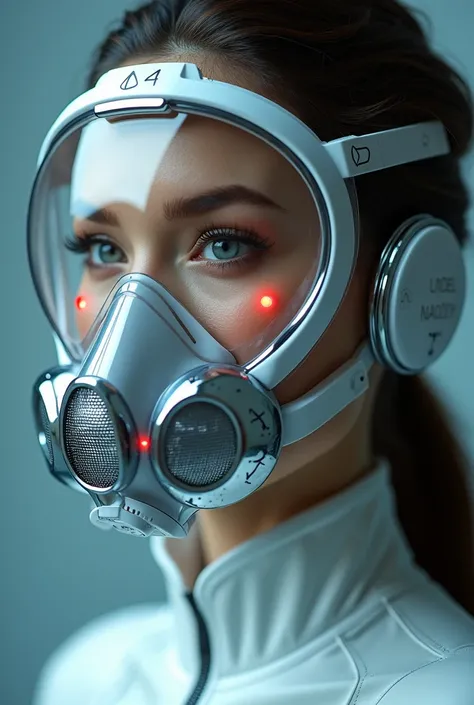 futuristic BDSM device: transparent flexible polymer mask with chrome inserts, tight to her face, with adjustable straps, built-...