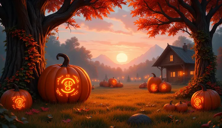 A secluded pumpkin grove nestled among towering oak trees, their crimson and amber leaves catching the last rays of a pastel sun...