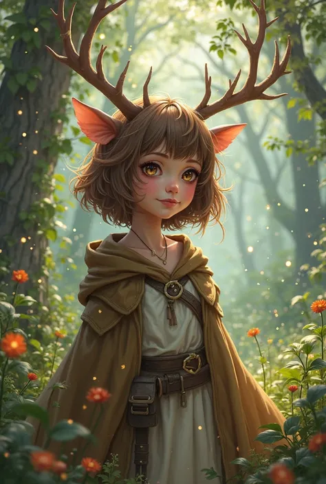 Generate an image of a dnd style character that is a young adult, has brown fluffy jellyfish cut down to his collarbone, antlers...