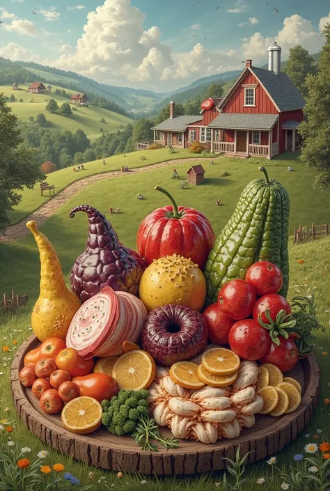 Draw unusual food, with country sights in the background